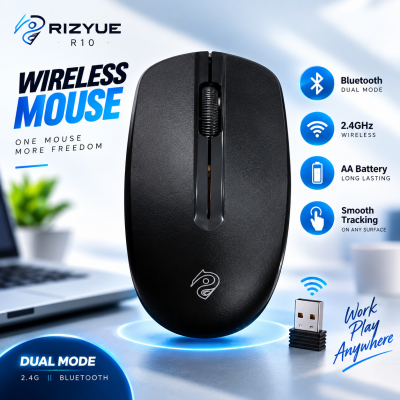 Rizyue R10 Dual-Mode Wireless Mouse (2.4GHz & Bluetooth) – Ultra-Lightweight 45.2g, 3000 DPI Precision Sensor, 3-Button Layout, 3 Million Clicks Durability & Universal Compatibility